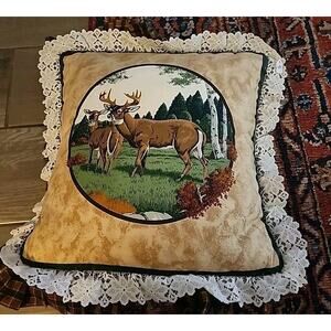 Vintage Buck Doe Deer 18" Throw Pillow Cover Lace Trim Cabin Hunt Cottagecore